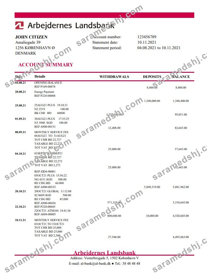 Denmark Arbejdernes Landsbank bank statement easy to fill template in Excel and PDF format